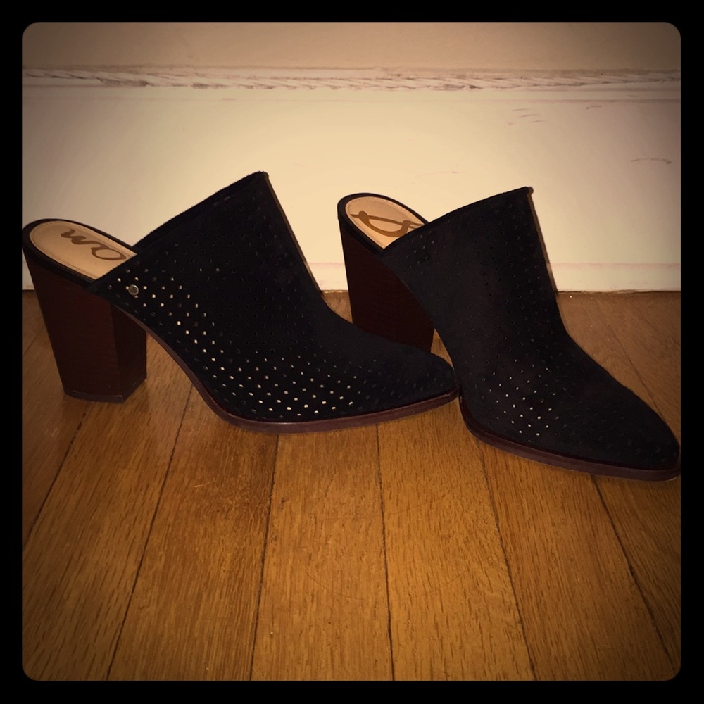 Sam Edelman Perforated Black Suede Heeled Mules